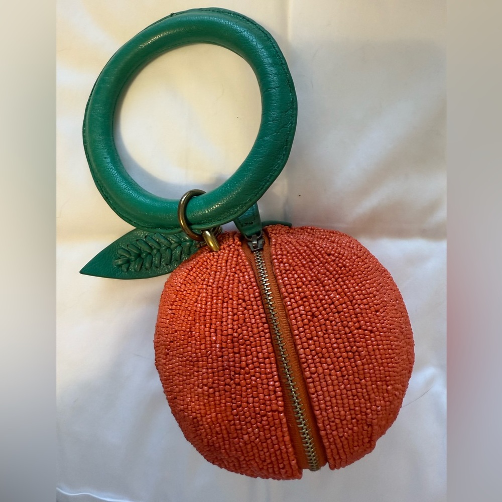 STAUD Orange and Green Orange Fruit-Inspired Clutch with Leaf Accents